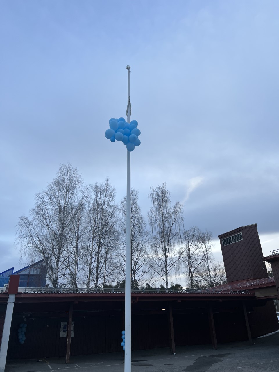 Blå ballonger i toppen av flaggstanga